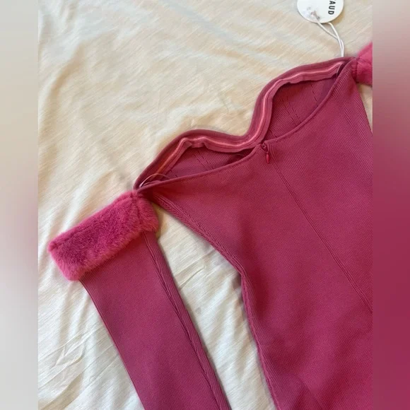 Staud Josee Fur Trimmed Long Sleeve Pink Mini Dress , NEW - Picture 12 of 16